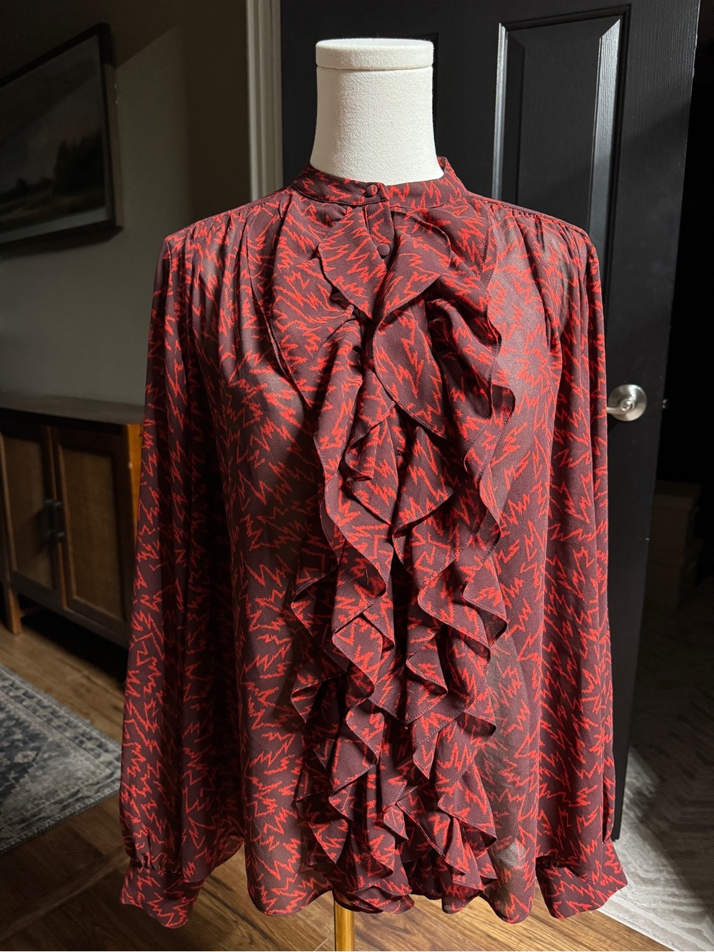 {Reiss} "Pippa" Red Black Zig Zag Print Ruffle Front Long Balloon Sleeves WSH5